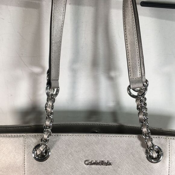 Women's Calvin Klein Chain Saffiano Leather Tote Size 16"L x 4.5"W x 10"H - Silv - Picture 9 of 14